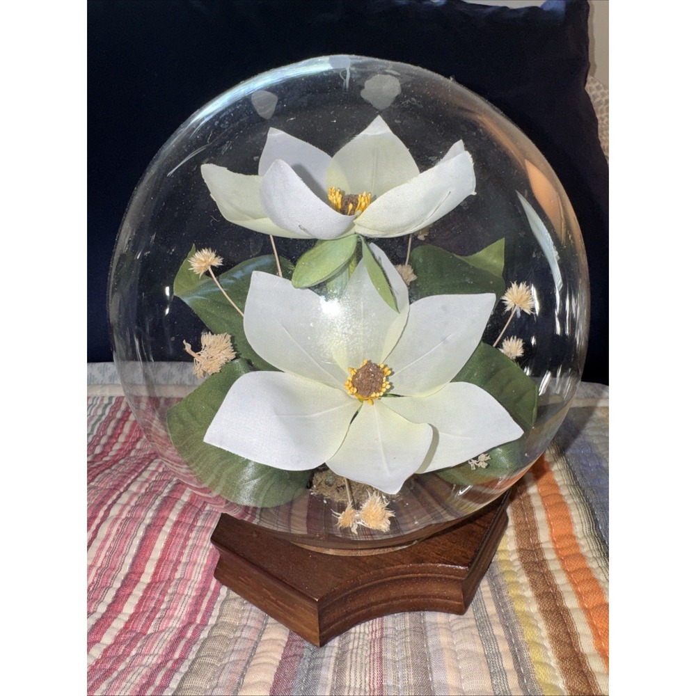 MCM Floral Plastic Globe Dome On Wood Base Retro GrannyCore Cottagecore